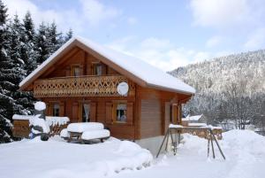 een blokhut in de sneeuw met sneeuw bij Chalet Mauselaine in Xonrupt-Longemer