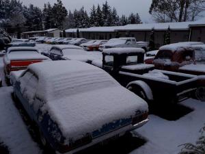 a group of cars covered in snow in a parking lot at Tongariro Holiday Park in Tongariro