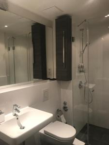 a bathroom with a toilet and a sink and a shower at Luxury 145 m2 Apartment with Terrace in Berlin +14 photos