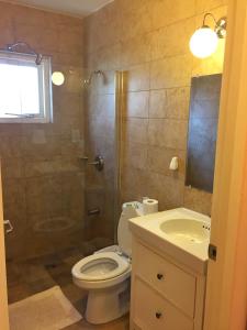 een badkamer met een toilet, een douche en een wastafel bij La Boheme Aruba in Palm-Eagle Beach
