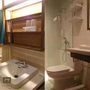 two pictures of a bathroom with a toilet and a sink at Rumah Turi Eco Boutique Hotel in Solo