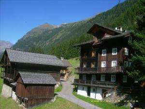 um grupo de edifícios com montanhas ao fundo em Ferienwohnungen-LIPPENHOF em Sankt Jakob in Defereggen