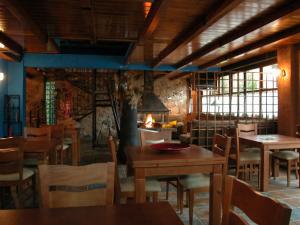 une salle à manger avec des tables, des chaises et une cheminée dans l'établissement La Casona de Navaleno, à Navaleno