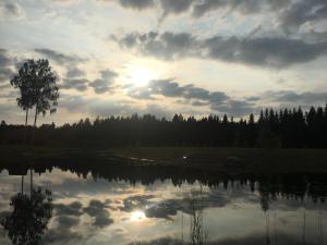 a reflection of the sun in a lake with the sky at Kõveri Holiday Center in Kõveri