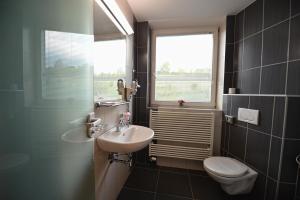 uma casa de banho com um lavatório, um WC e uma janela. em Hotel Vaka em Brno