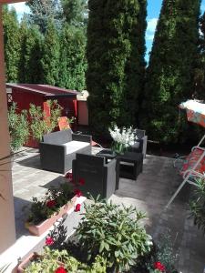 a patio with a bunch of plants and flowers at Bokreta Udulohaz in Mezőkövesd