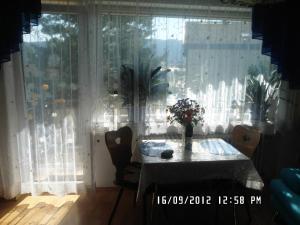 einen Tisch mit einer Blumenvase am Fenster in der Unterkunft Appartement Sonnenhof in Füssen
