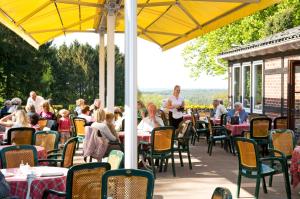 Café und Pension Höpen Idyll في شنيفردينغين: مجموعة من الناس يجلسون على الطاولات في الفناء