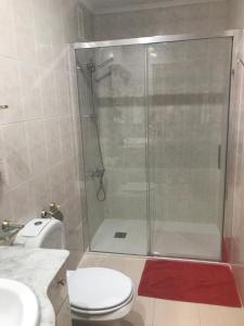 a bathroom with a shower with a toilet and a sink at Pension Logroño in Logroño