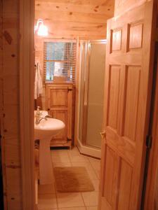 ein Badezimmer mit einem weißen Waschbecken und einer Dusche in der Unterkunft Pancho's Hideout in Custer