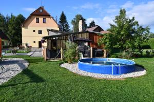 a yard with a blue tub in the grass at Apartmany Kadleců in Volary