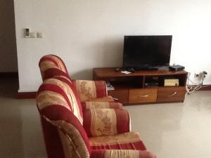 a living room with a chair and a tv at E Gravana in São Tomé