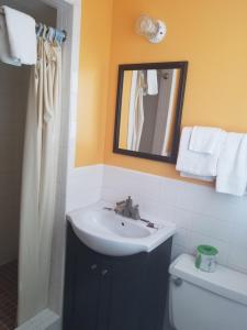 a bathroom with a sink and a mirror and a toilet at Sooner Motel in Stroud