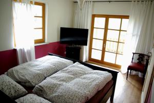 a bedroom with two beds and a flat screen tv at Waldblick in Bleckede