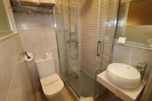 a bathroom with a shower and a toilet and a sink at Hostal Hispano - Argentino Gran Vía in Madrid