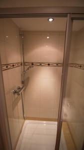 y baño con ducha y puerta de cristal. en Rauhbergerhof, en Tiefgraben