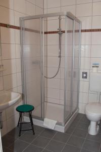 
a shower stall with a toilet and a bath tub at Hotel Seeblick garni in Gartow
