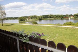 
a grassy area with a fence and a lake at Hotel Seeblick garni in Gartow
