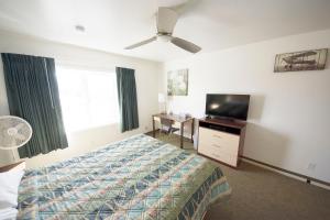 um quarto de hotel com uma cama e uma televisão de ecrã plano em Rewak Studios em Fairbanks