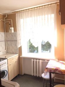 a kitchen with a window and a table and a stove at Apartments on Kirova 16 in Simferopol