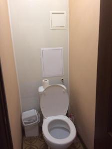 a small bathroom with a toilet and a trash can at Apartments on Kirova 16 in Simferopol