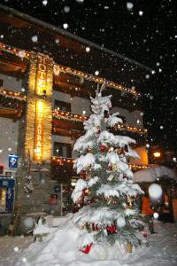 Un árbol de Navidad cubierto de nieve frente a un edificio en Hôtel du Glacier des Evettes, en Bonneval-sur-Arc