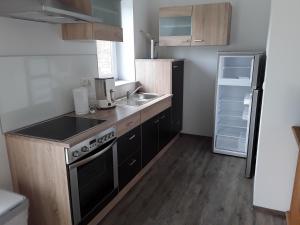 a small kitchen with a sink and a refrigerator at Pöhl am Nationalpark Eifel in Schleiden