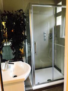 a shower with a glass door next to a sink at Prince Arthur in London