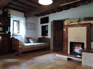 ein Wohnzimmer mit einem Kamin und einem Sofa in der Unterkunft Chata Motyčky in Donovaly