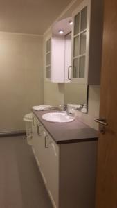 a bathroom with a sink and a white cabinet at Ljósavatn Guesthouse in Kiðagil