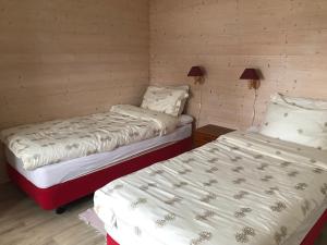 Habitación con 2 camas individuales y paredes de madera. en Nygård Apartments, en Gjesvær