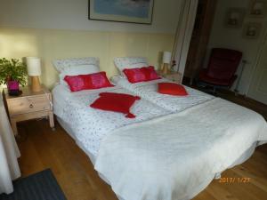 a bedroom with two beds with red pillows on them at Wiersse 68 in Doetinchem
