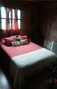 1 dormitorio con 1 cama grande con sábanas rojas en Cabaña San Pablo en San Salvador de Jujuy