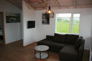 a living room with a couch and a table at Eyvindartunga farm cottage in Laugarvatn