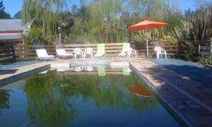 a group of chairs and an umbrella next to a pool at Cabañas Los Aromos in Tandil