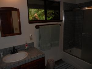 a bathroom with a sink and a tub and a mirror at A Beautiful Edge of the World Bed & Breakfast in Captain Cook