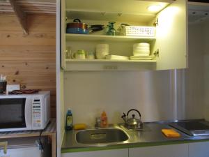 uma cozinha com um lavatório e um micro-ondas em Cottage Orange House Yakushima em Yakushima