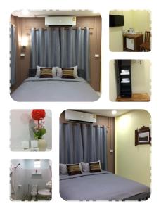 a collage of four pictures of a bedroom at Smilingface guesthouse in Sukhothai