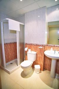 uma casa de banho com um WC e um lavatório em Hostal Restaurante Hermanos Zamora em Palma del Río