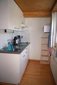 eine Küche mit einer Spüle und einer Arbeitsplatte in der Unterkunft Studio Schija in St. Antönien