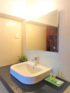 a bathroom with a sink and a large mirror at Hotel Pinnalanda in Pinnawala