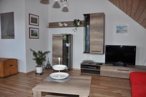 ein Wohnzimmer mit einem Sofa und einem TV in der Unterkunft Ferienwohnung im Rosengarten in Ebenweiler