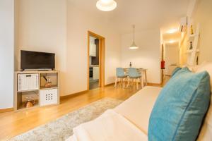 a living room with a couch and a tv at Camões Executive Flat in Porto