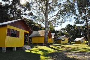 a group of small yellow houses in a field at Hospedagem Encanto da Serra Rural in Cambara do Sul