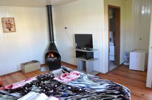 a room with a fireplace and a bed and a television at Hospedagem Encanto da Serra Rural in Cambara do Sul