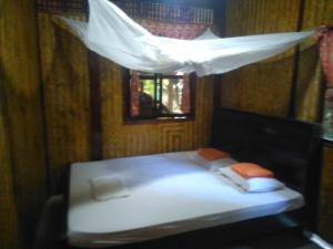 ヴィンロンにあるHomestay Ngoc Sangの窓とカーテン付きのベッドが備わる客室です。