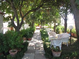 un jardín con mesa, sillas y árboles en B&B Solacium, en Matera