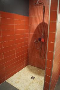 Łazienka z prysznicem wyłożona jest pomarańczowymi kafelkami. w obiekcie La Houblonniere w mieście Beire-le-Châtel