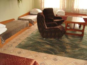 sala de estar con sofá, silla y alfombra en Guesthouse Zarasai, en Zarasai