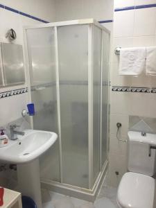 a bathroom with a shower and a sink and a toilet at Apartment Vila Jezero in Zlatibor
